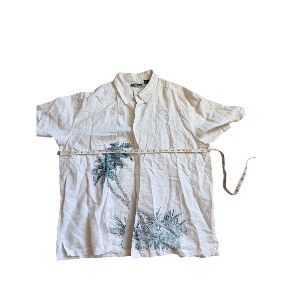 Cubavera Mens XXL White Linen Blend Palm Tree Graphic Short Sleeve Button Down
